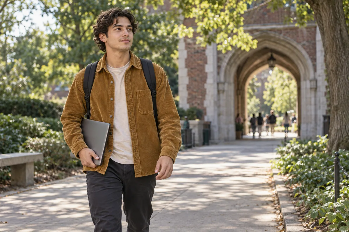 Adult student carrying a laptop and backpack on a tree-lined campus path beside a brick arch.
