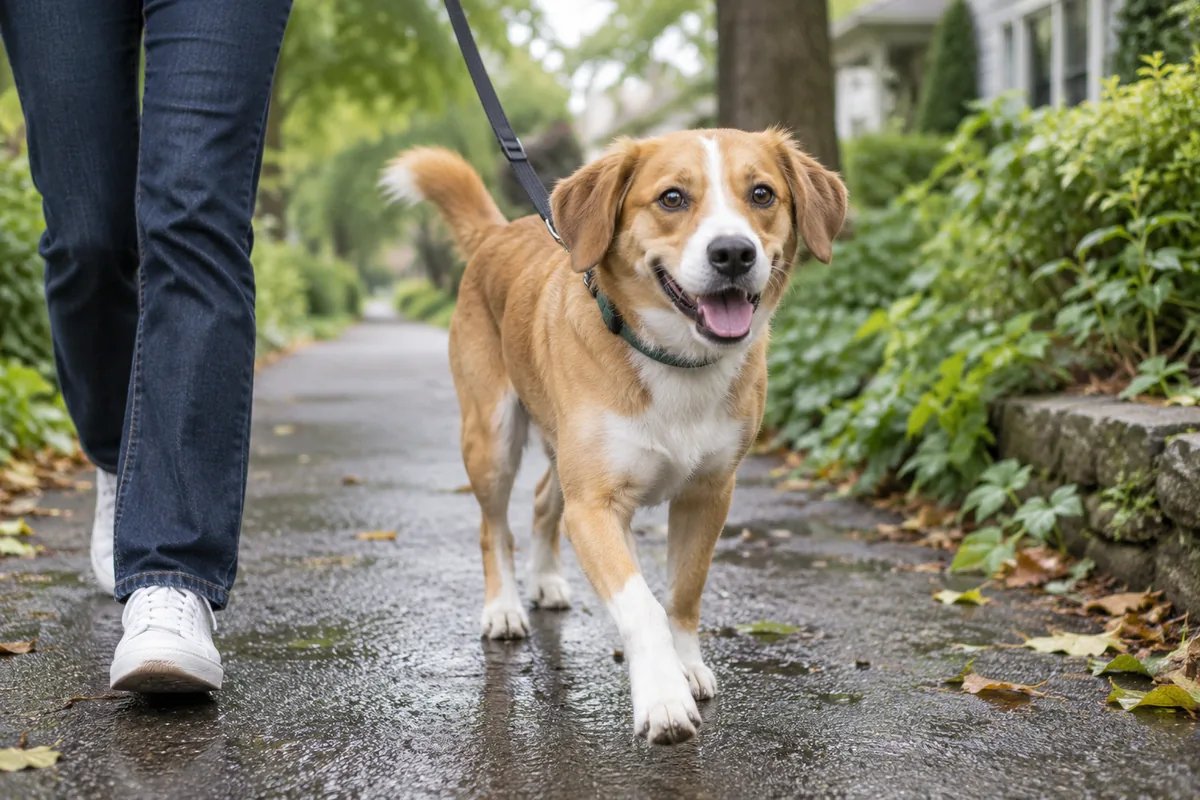 Tan-and-white dog on a leash walking beside an adult along a leafy residential path.