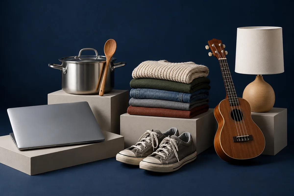 Laptop, cookware, folded clothing, sneakers, a ukulele and a lamp arranged against a dark blue background.