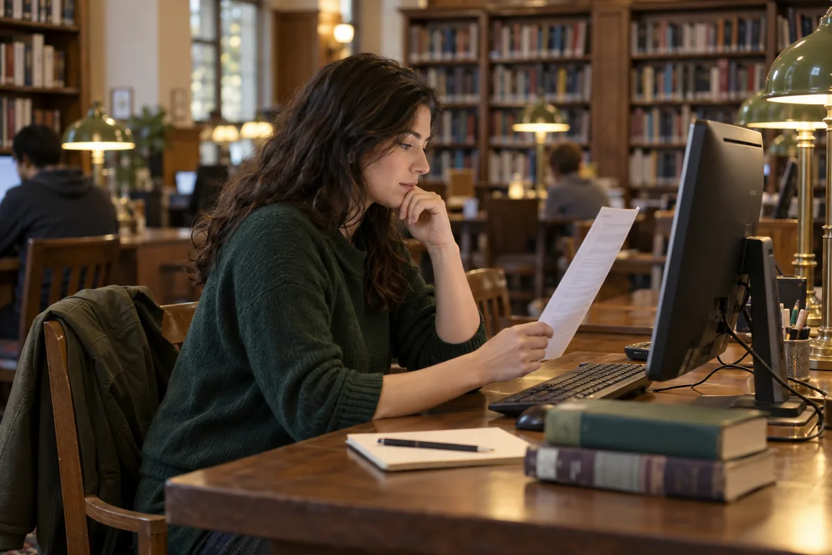 A renter compares a paper document with information on a computer in a library.