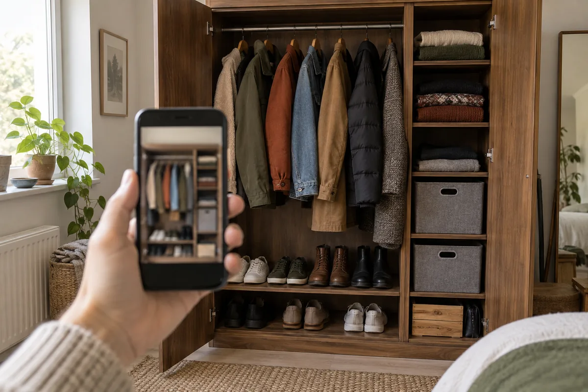 A hand holds a smartphone toward an open wardrobe containing coats, shoes, folded clothing and storage bins.