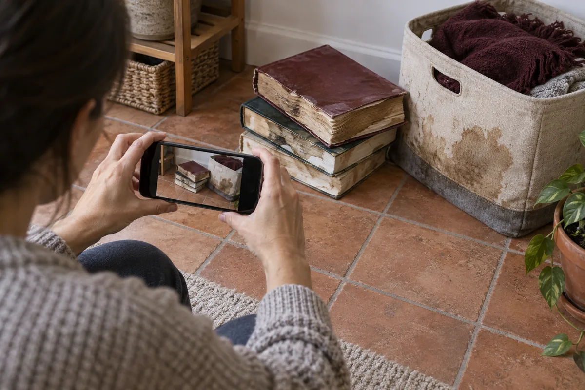 A renter photographs water-damaged books and a stained storage basket with a smartphone.
