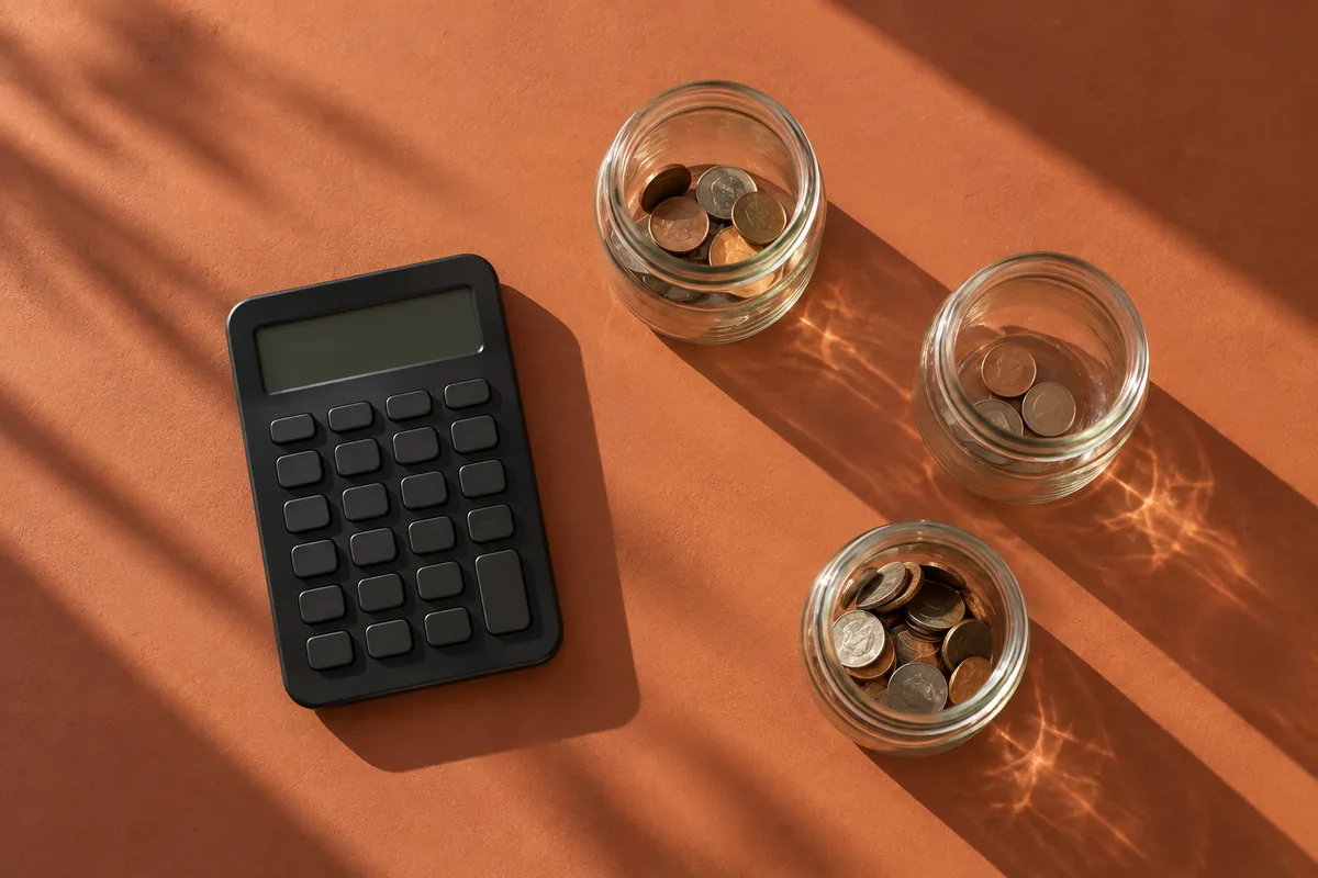 Overhead view of a dark calculator and three glass jars of coins on a terracotta surface.