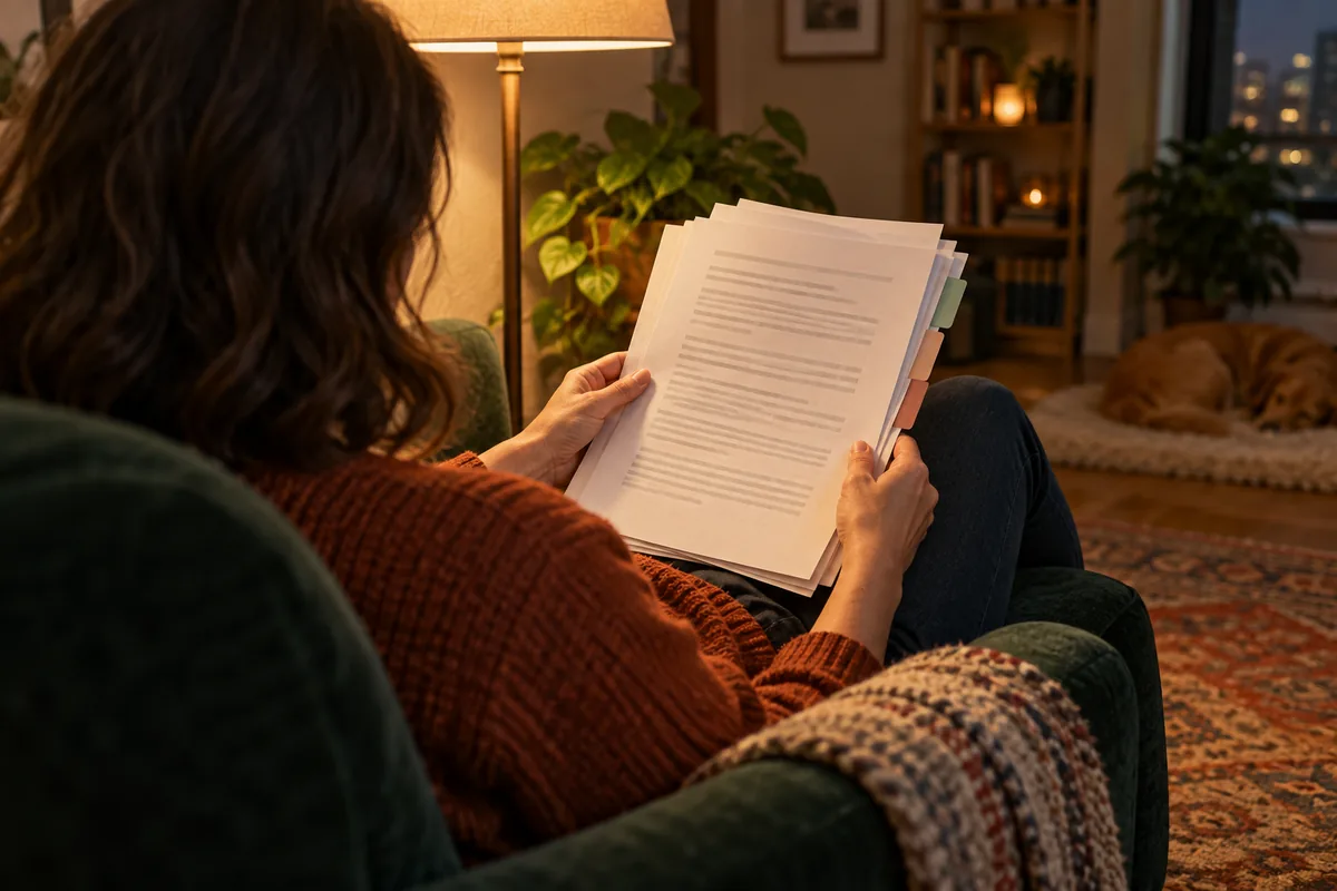 Person in a green armchair reading tabbed papers under a warm lamp in the evening.