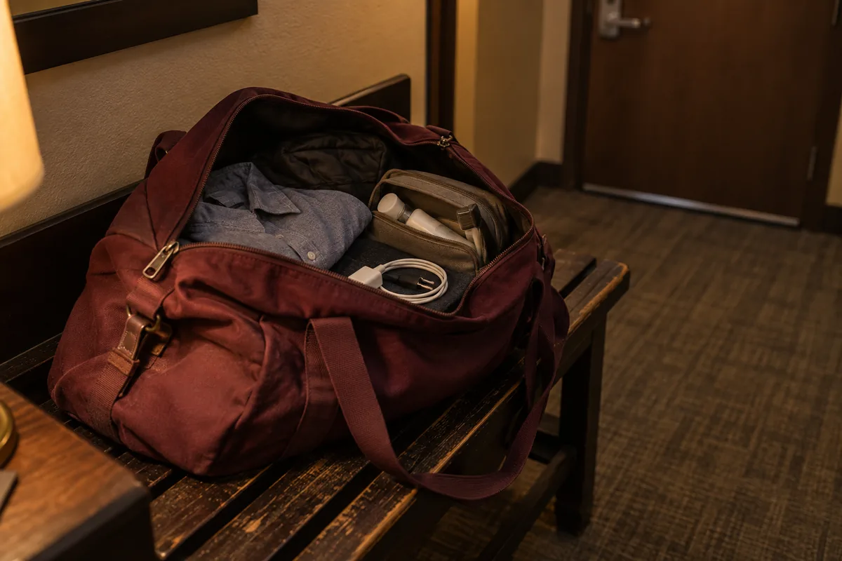 An open burgundy travel bag holds clothing, toiletries and a charging cable on a wooden luggage bench.
