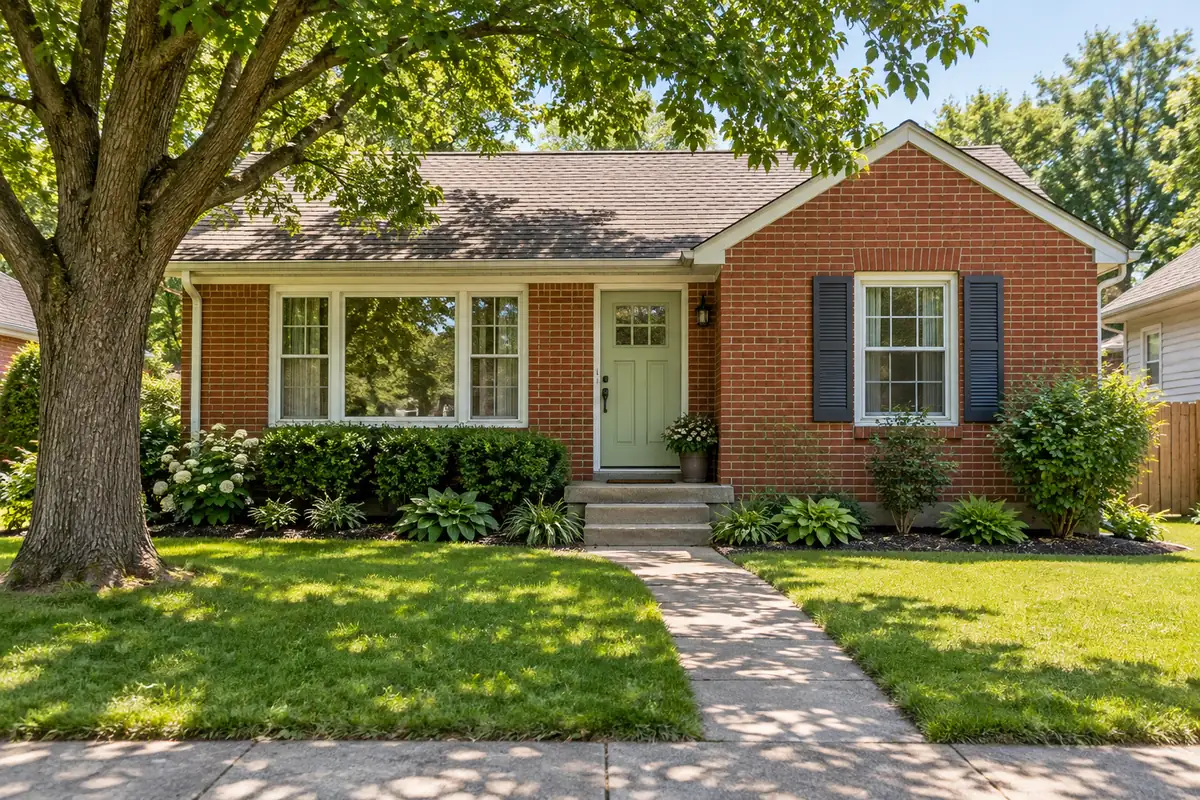 A modest single-story brick home with a pale green front door, garden and shaded front path.