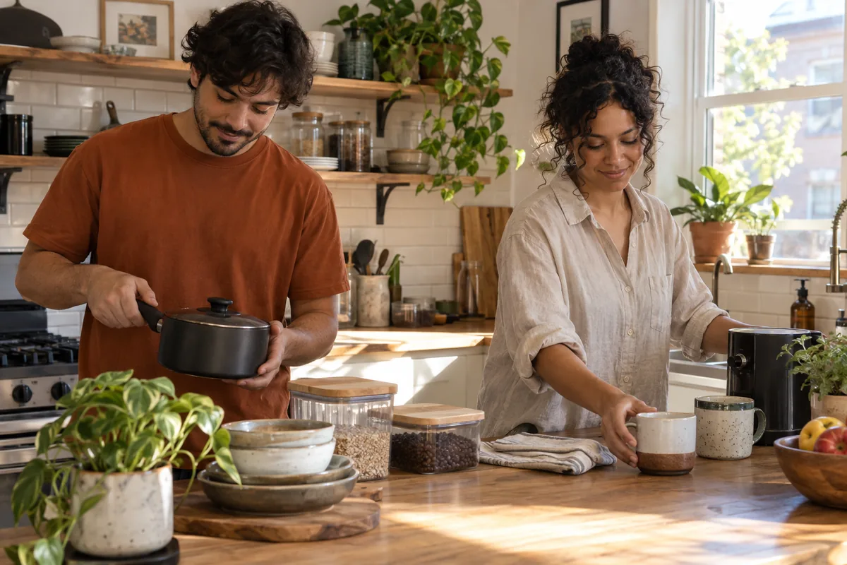Two adults arranging cookware, mugs, and a small appliance on a shared kitchen counter.